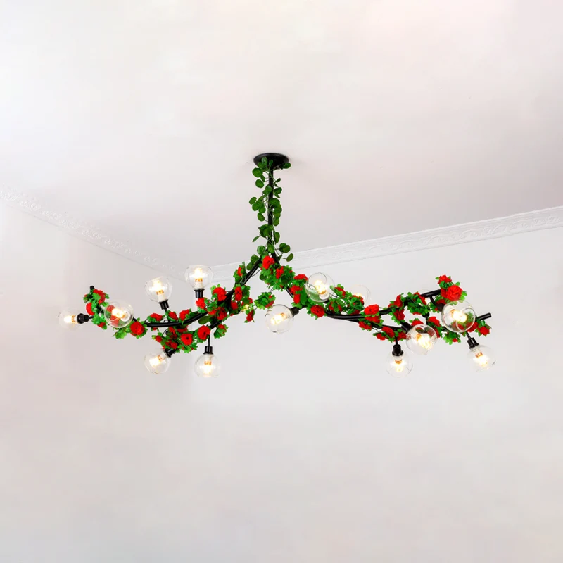 Spoetnik Eetkamer Semi-montage Verlichting Loft Metaal 15 koppen Groen Plafondgemonteerd armatuur met rood/roze bloemrank...