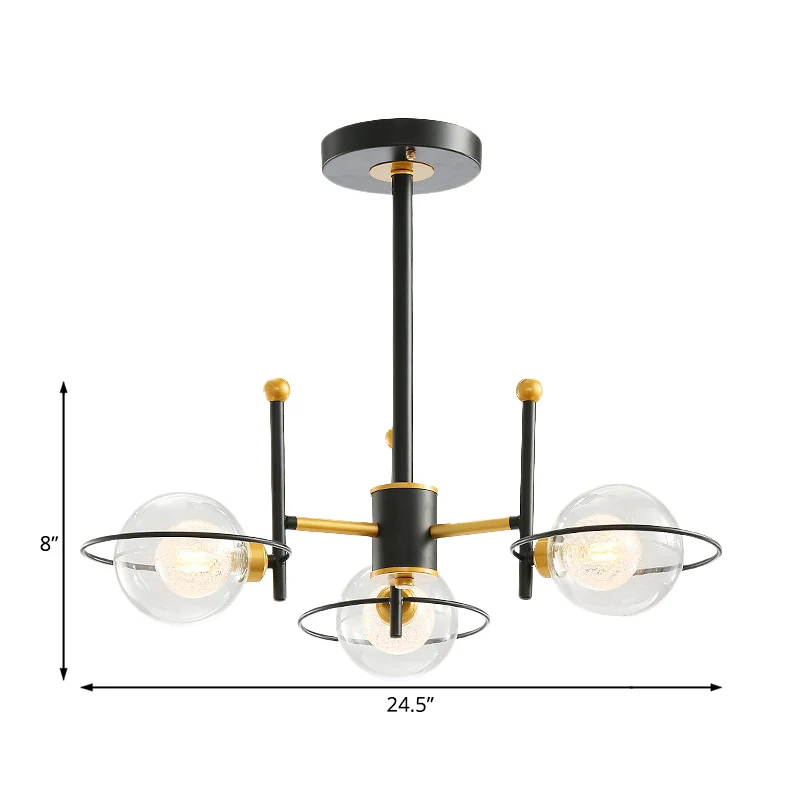 Spoetnik metalen kroonluchter licht modern 3/6 lichts zwart led hangend plafondlamp met helder glazen bolscherm Clearhalo