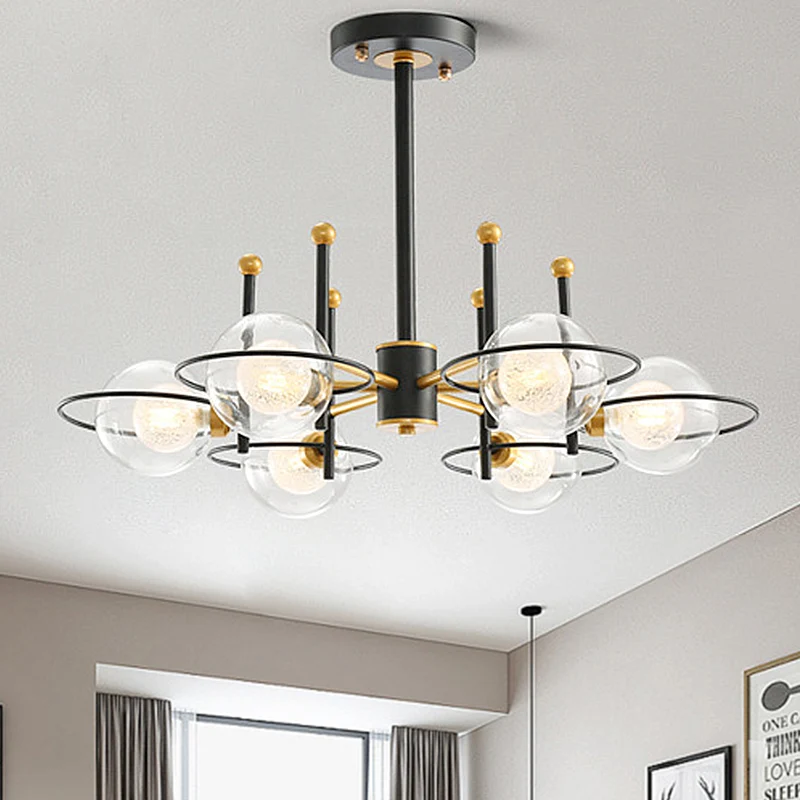 Spoetnik metalen kroonluchter licht modern 3/6 lichts zwart led hangend plafondlamp met helder glazen bolscherm Clearhalo