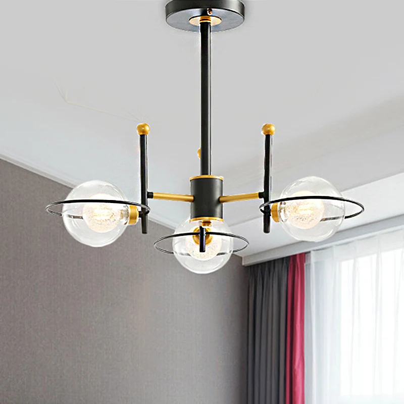 Spoetnik metalen kroonluchter licht modern 3/6 lichts zwart led hangend plafondlamp met helder glazen bolscherm Clearhalo