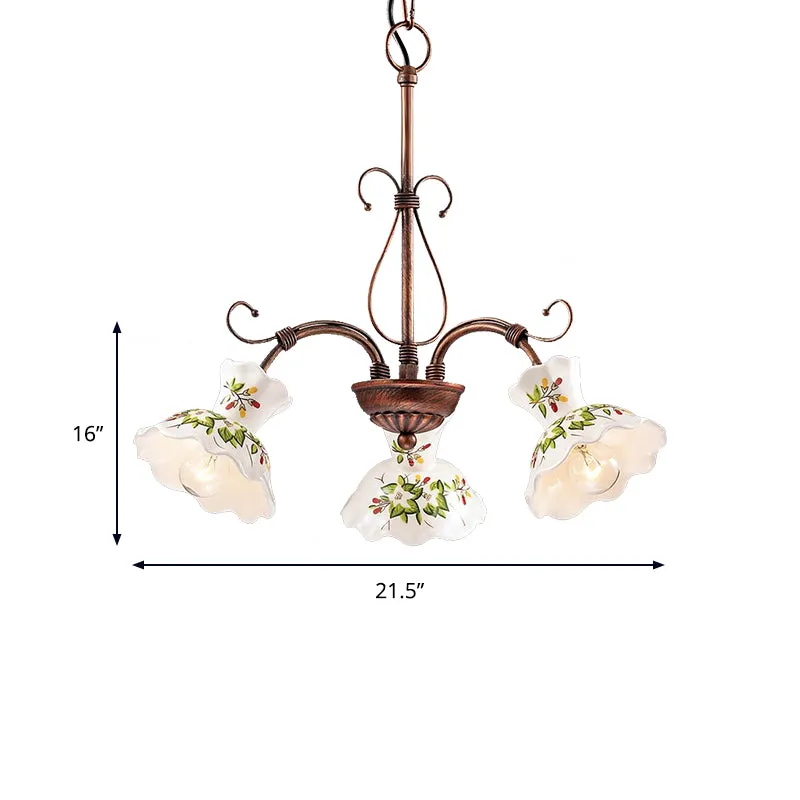 Spur hangende kroonluchter traditioneel matglas 3/5 lampen roest hangende plafondlamp met bloemenschijfkap Clearhalo