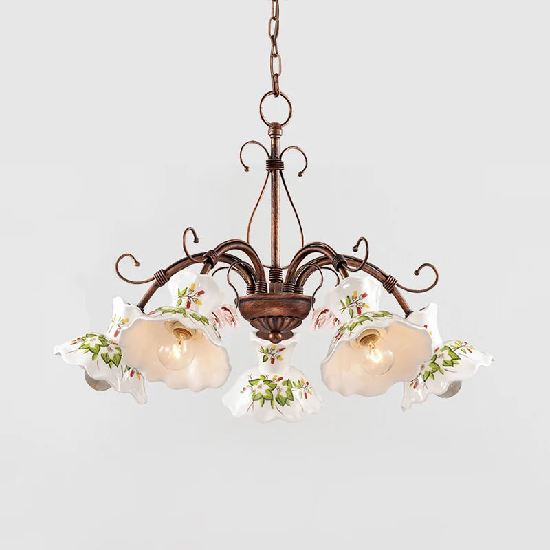 Spur hangende kroonluchter traditioneel matglas 3/5 lampen roest hangende plafondlamp met bloemenschijfkap Clearhalo