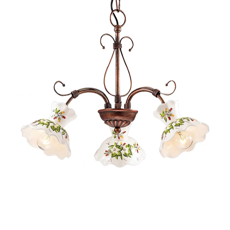 Spur hangende kroonluchter traditioneel matglas 3/5 lampen roest hangende plafondlamp met bloemenschijfkap Clearhalo