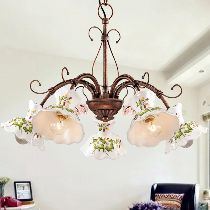 Spur hangende kroonluchter traditioneel matglas 3/5 lampen roest hangende plafondlamp met bloemenschijfkap Clearhalo