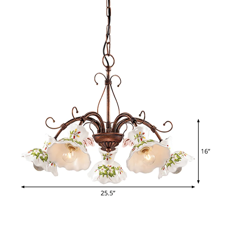 Spur hangende kroonluchter traditioneel matglas 3/5 lampen roest hangende plafondlamp met bloemenschijfkap Clearhalo