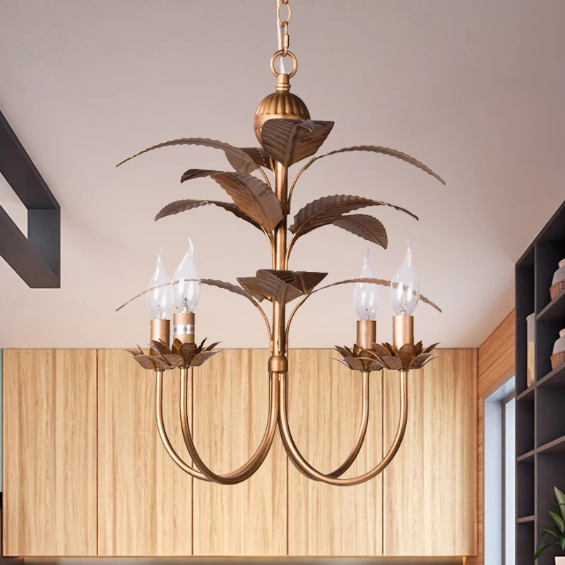 Spur hangende kroonluchter traditioneel metaal 4 lampen messing hangende plafondlamp met bladeren Clearhalo