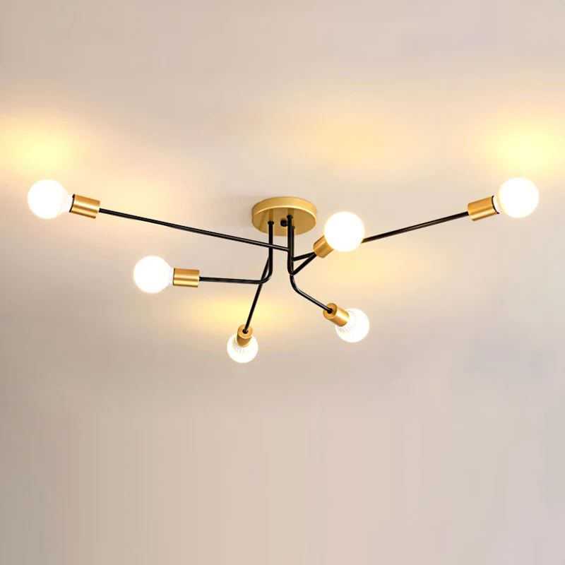 Sputnik Lineaire semi-inbouw modernistisch metaal 6 lampen met gouden en zwarte afwerking dicht bij plafondlamp Clearhalo