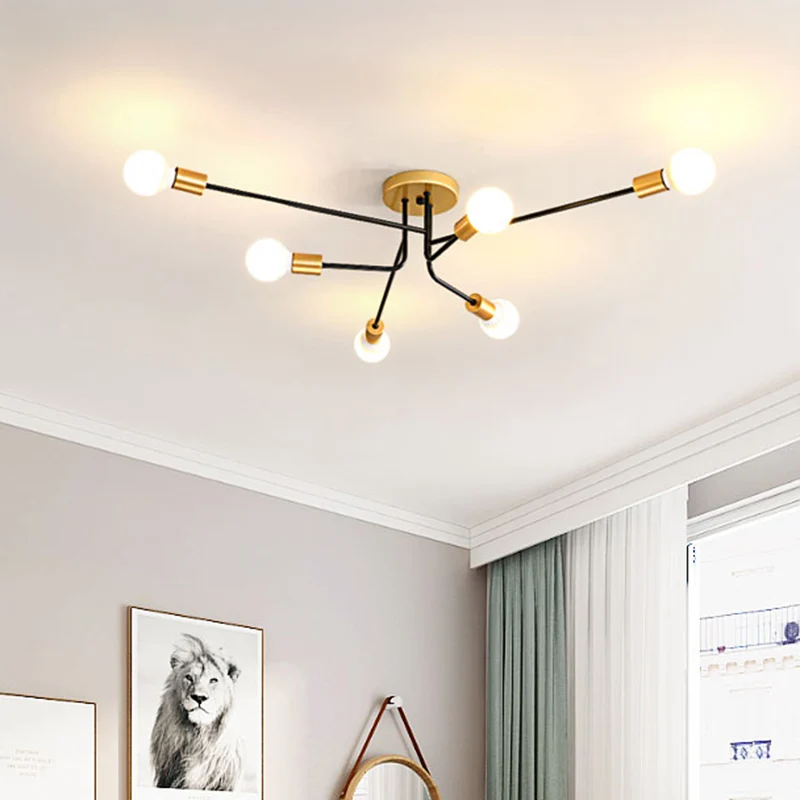 Sputnik Lineaire semi-inbouw modernistisch metaal 6 lampen met gouden en zwarte afwerking dicht bij plafondlamp Clearhalo