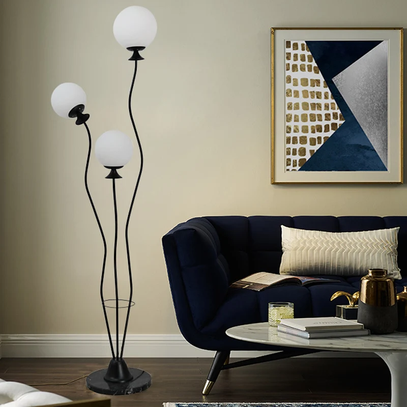 Staande ballamp met gebogen arm, modernistisch glas, 3 koppen, woonkamervloerleeslamp zwart/wit Clearhalo