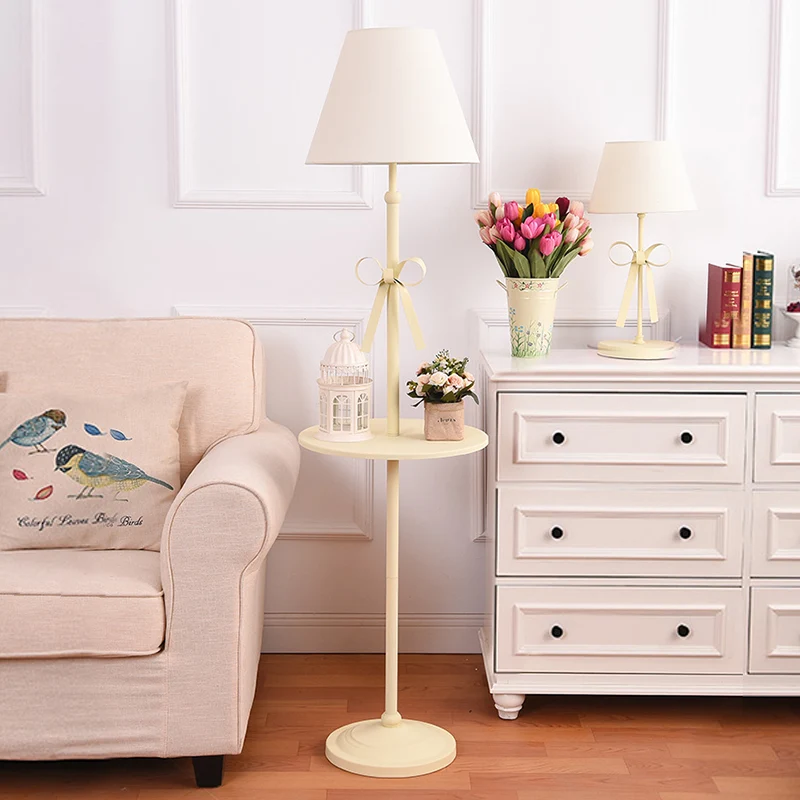 Staande kinderlamp conisch stof, beige/roze, vloerverlichting met tafel en strikknoop Clearhalo