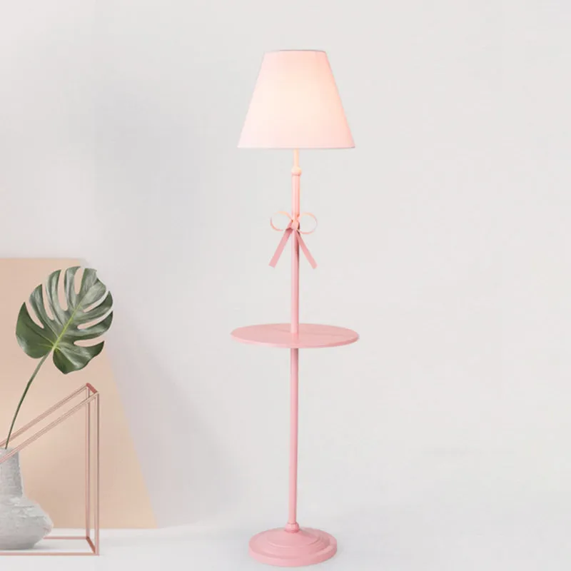 Staande kinderlamp conisch stof, beige/roze, vloerverlichting met tafel en strikknoop Clearhalo
