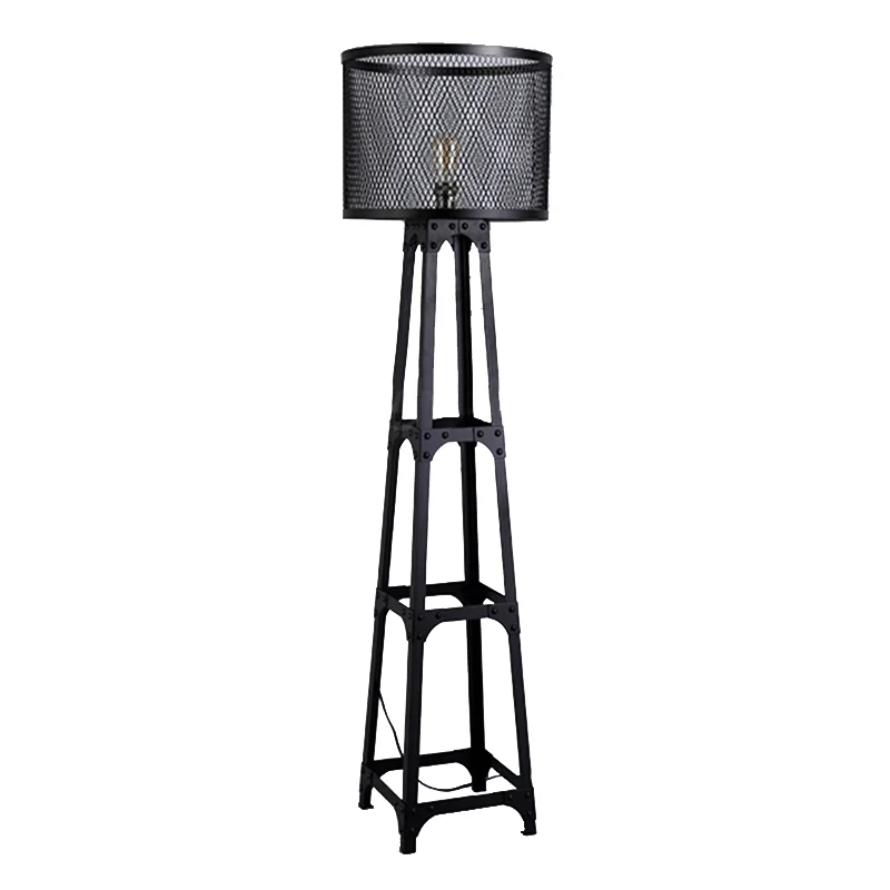 Staande lamp met gaasscherm met 1 kop en trommelkap Retro industriële staande vloerlamp van metaal met zwarte afwerking Cl...