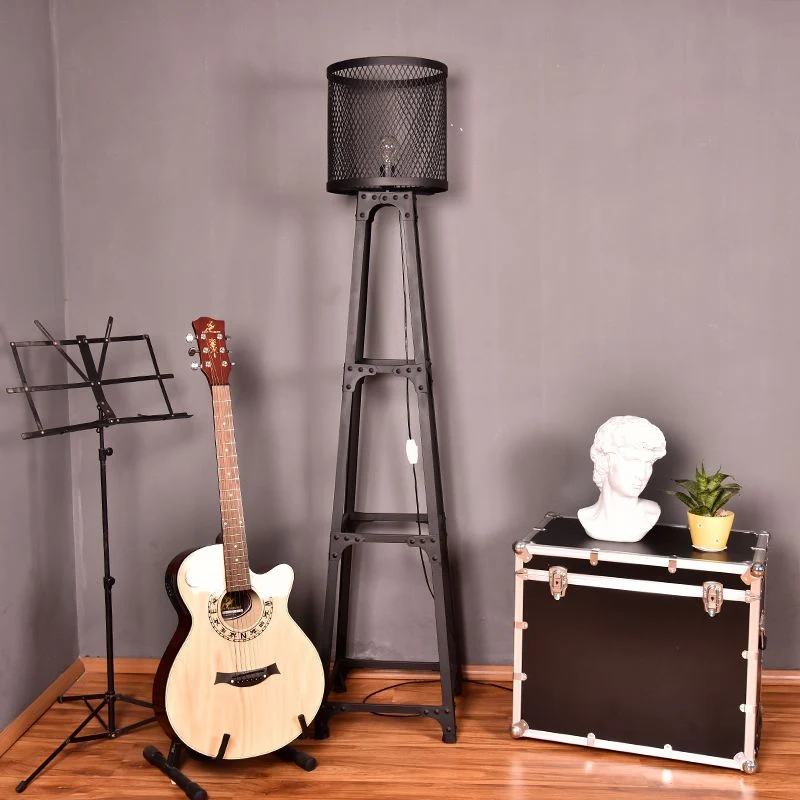 Staande lamp met gaasscherm met 1 kop en trommelkap Retro industriële staande vloerlamp van metaal met zwarte afwerking Cl...
