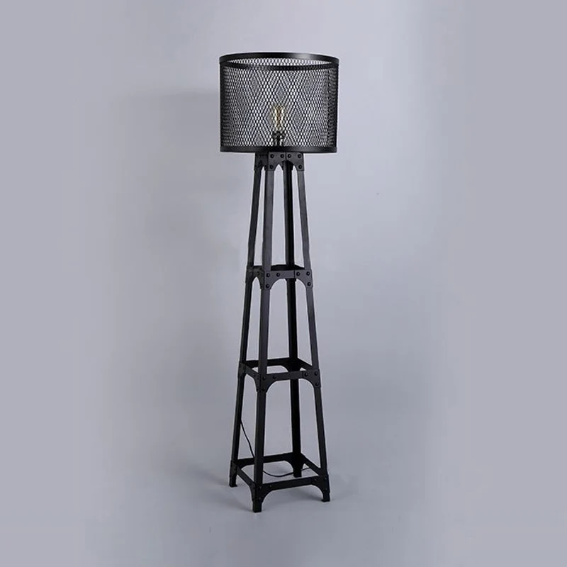 Staande lamp met gaasscherm met 1 kop en trommelkap Retro industriële staande vloerlamp van metaal met zwarte afwerking Cl...
