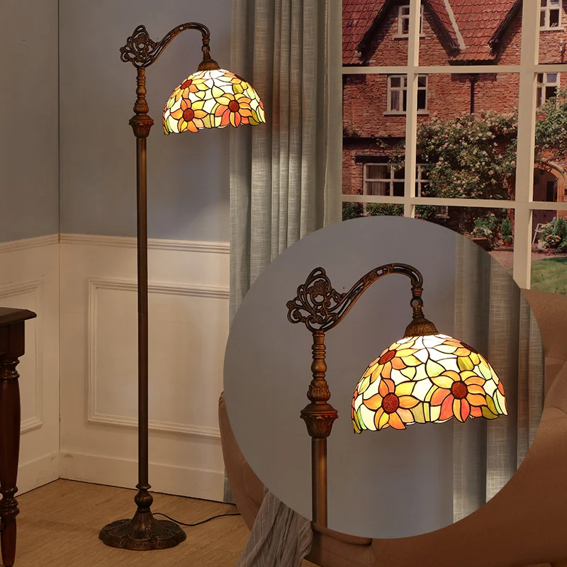 Staande lamp met één lamp Klassiek bloemmotief Glas--lood leeslamp oranje Clearhalo