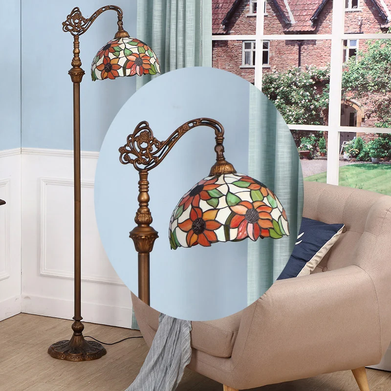 Staande lamp met één lamp Klassiek bloemmotief Glas--lood leeslamp oranje Clearhalo
