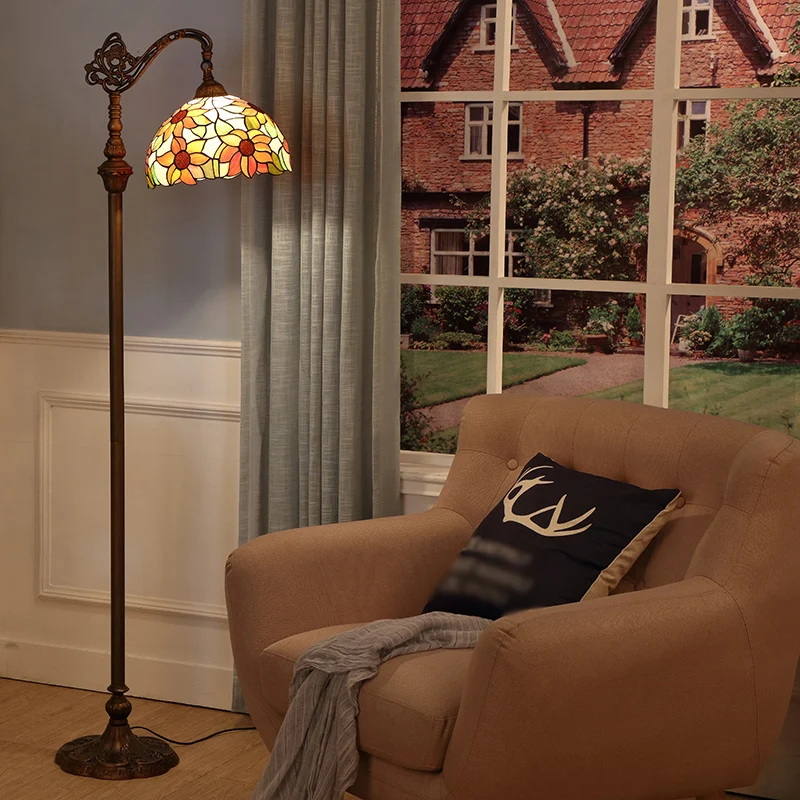 Staande lamp met één lamp Klassiek bloemmotief Glas--lood leeslamp oranje Clearhalo