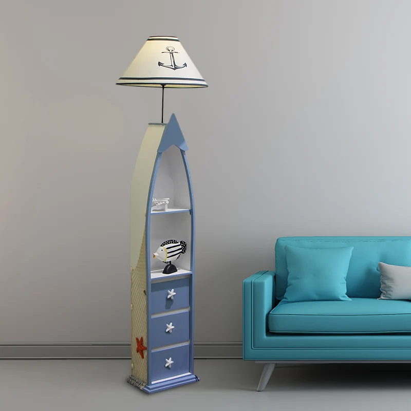 Staande lamp van stof, vat, kinderlamp, witte staande lamp met blauwe houten plank Clearhalo