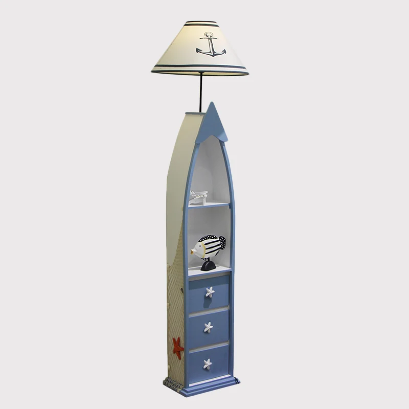 Staande lamp van stof, vat, kinderlamp, witte staande lamp met blauwe houten plank Clearhalo