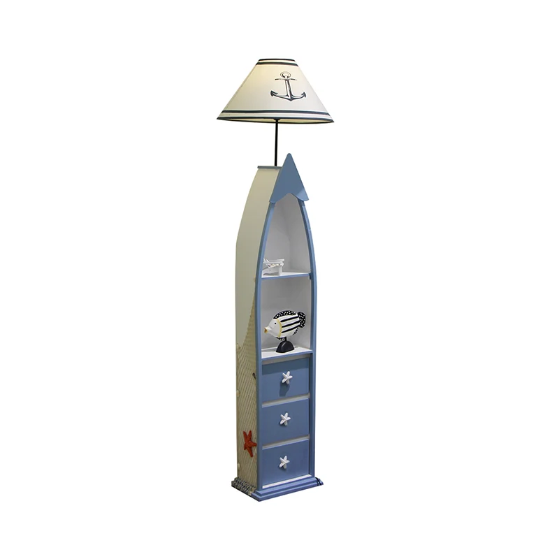 Staande lamp van stof, vat, kinderlamp, witte staande lamp met blauwe houten plank Clearhalo