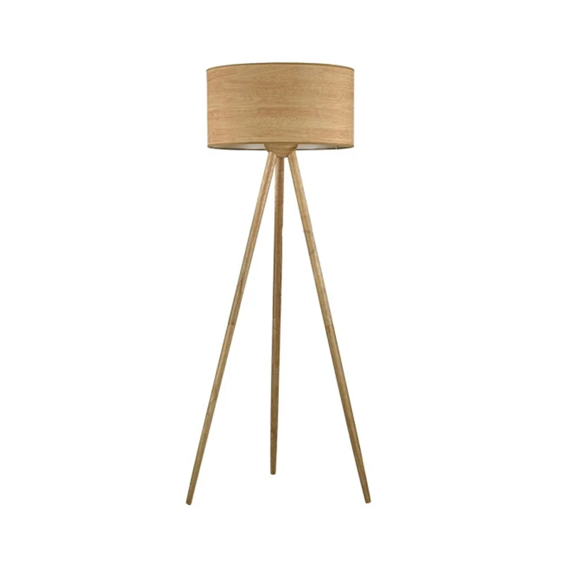 Staande slaapkamerlamp met drie poten, eenvoudige houten LED-vloerlamp met cilinderkap, beige Clearhalo