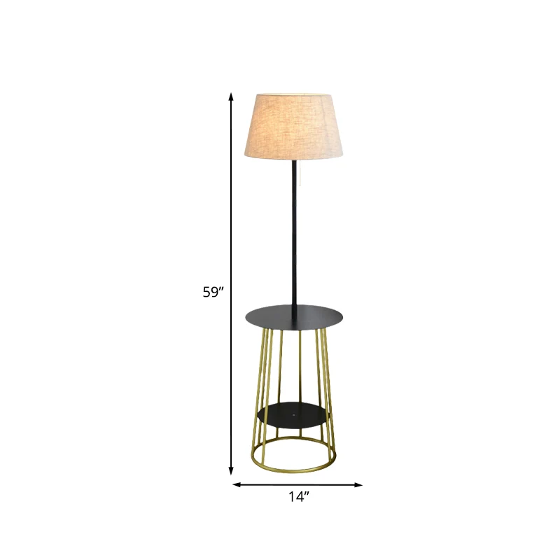 Staande tafellamp met stoffen ton, modernistische enkele vloerlamp met zwarte en gouden afwerking en trekketting Clearhalo