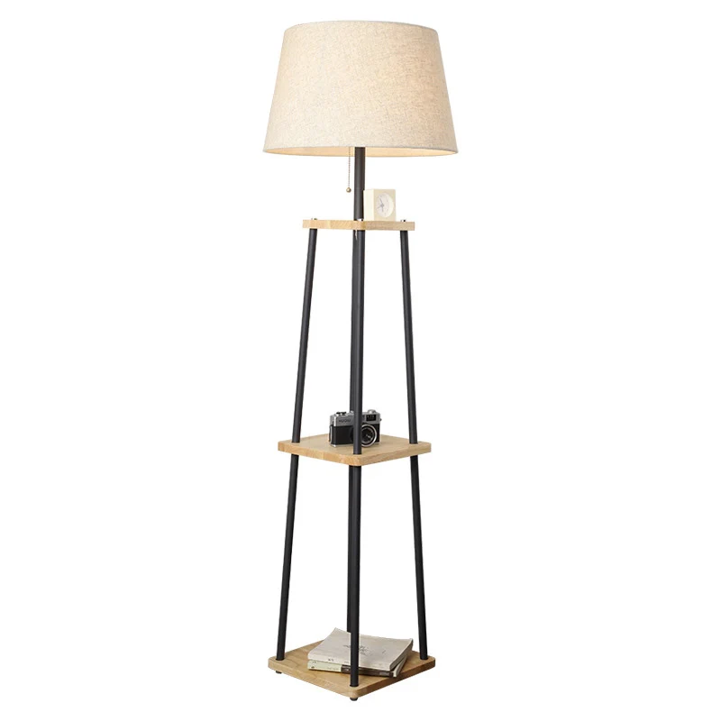 Staande vloerlamp met taps toelopende stof, traditionele staande lamp voor een woonkamer met 3-laags plank zwart Clearhalo