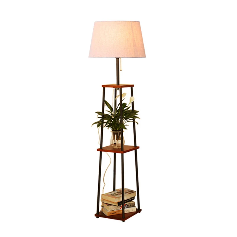 Staande vloerlamp met taps toelopende stof, traditionele staande lamp voor een woonkamer met 3-laags plank zwart Clearhalo