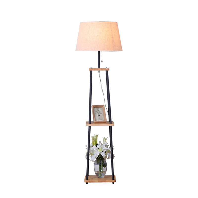 Staande vloerlamp met taps toelopende stof, traditionele staande lamp voor een woonkamer met 3-laags plank zwart Clearhalo