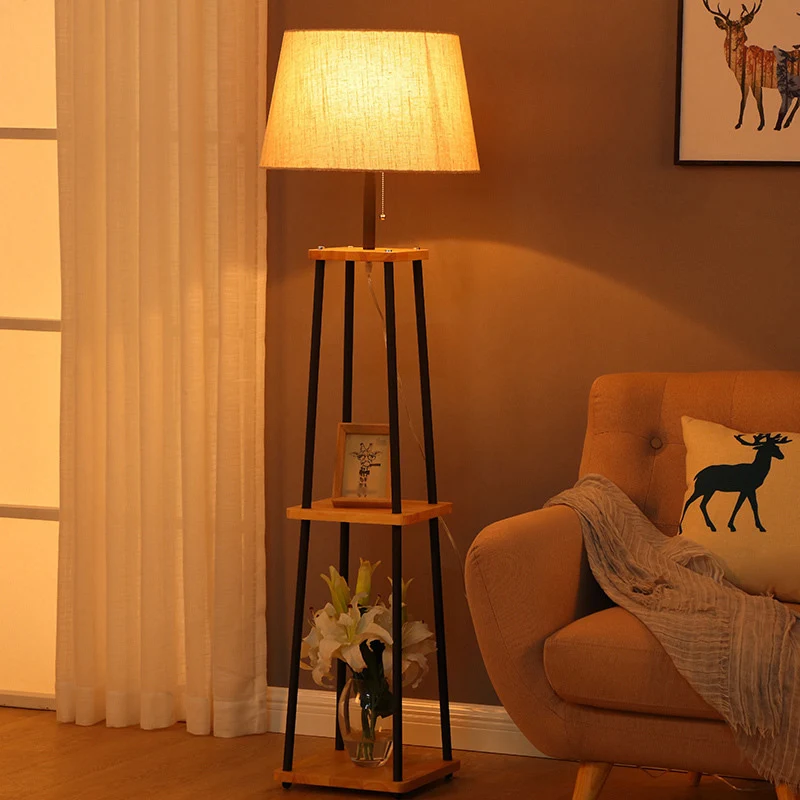 Staande vloerlamp met taps toelopende stof, traditionele staande lamp voor een woonkamer met 3-laags plank zwart Clearhalo
