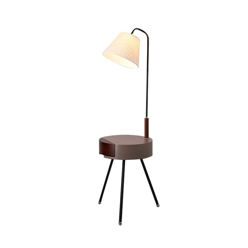 Statieftafel Vloerverlichting Moderne metalen enkele kop Staanlamp zwart/grijs/wit en hout met stoffen kap Clearhalo