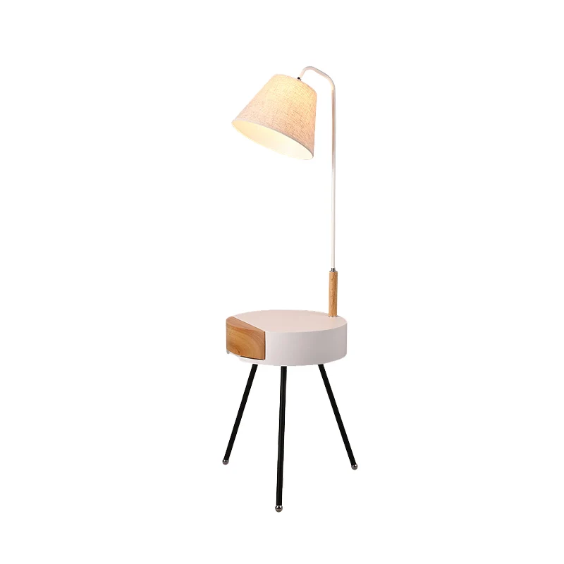 Statieftafel Vloerverlichting Moderne metalen enkele kop Staanlamp zwart/grijs/wit en hout met stoffen kap Clearhalo