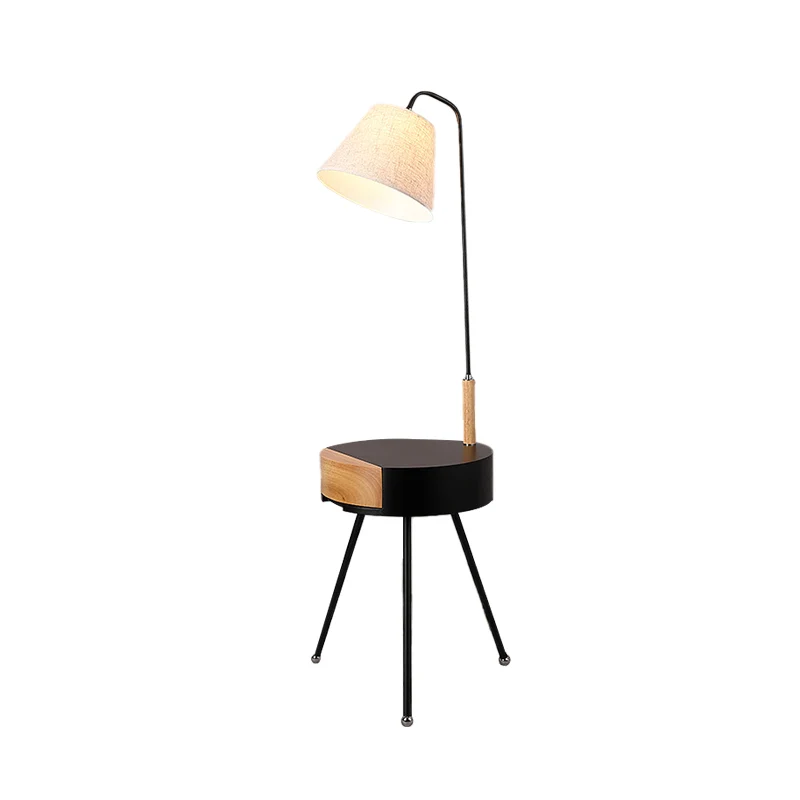 Statieftafel Vloerverlichting Moderne metalen enkele kop Staanlamp zwart/grijs/wit en hout met stoffen kap Clearhalo