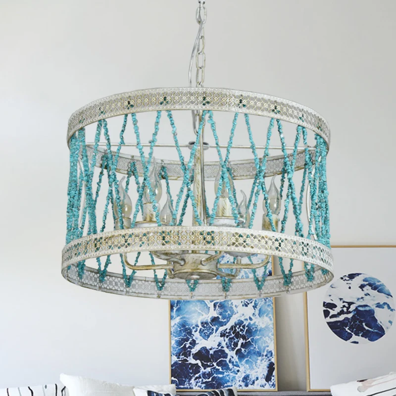 Stenen cilinder kroonluchterlamp retro 4/6 lampen blauwe hangende verlichtingsarmatuur met verstelbare ketting Clearhalo
