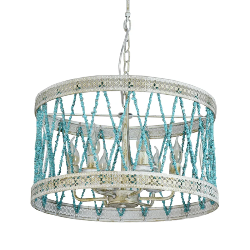 Stenen cilinder kroonluchterlamp retro 4/6 lampen blauwe hangende verlichtingsarmatuur met verstelbare ketting Clearhalo