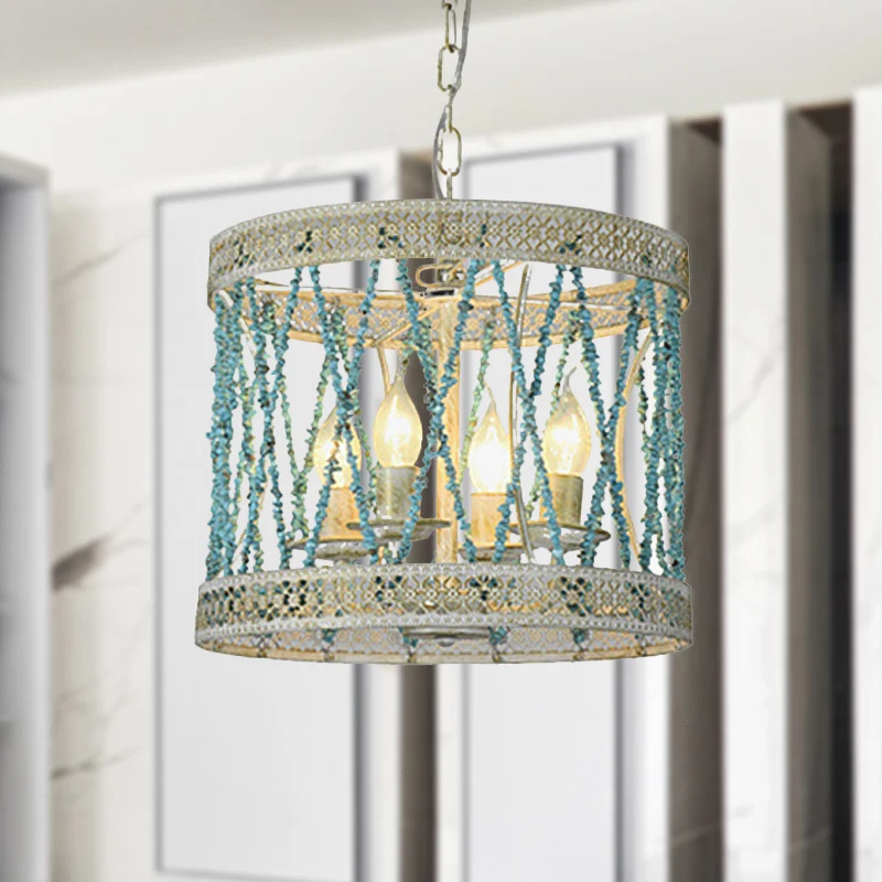 Stenen cilinder kroonluchterlamp retro 4/6 lampen blauwe hangende verlichtingsarmatuur met verstelbare ketting Clearhalo
