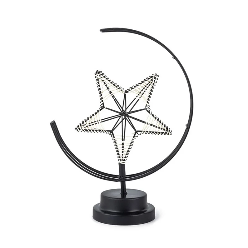 Ster en Maan Metallic Batterij Tafelverlichting Art Decor Zwarte LED Nachtkastje Lamp voor Slaapkamer Clearhalo