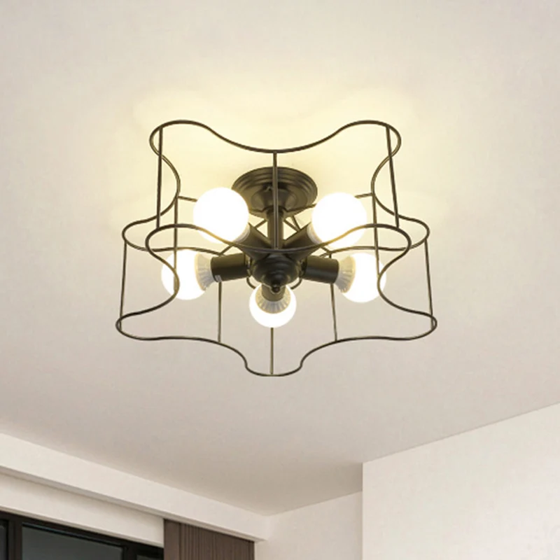 Stervormige metalen semi-inbouw industriële woonkamerlamp met 5 lampen zwart/wit met kooi Clearhalo