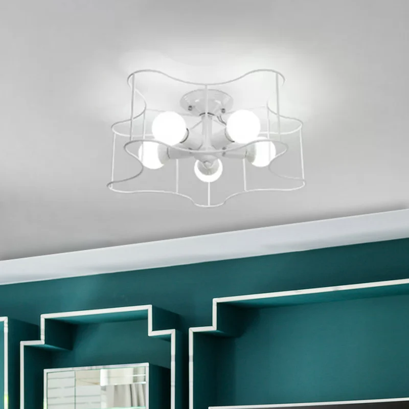 Stervormige metalen semi-inbouw industriële woonkamerlamp met 5 lampen zwart/wit met kooi Clearhalo