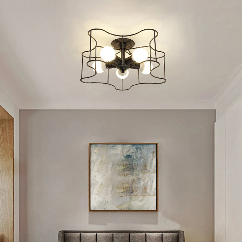 Stervormige metalen semi-inbouw industriële woonkamerlamp met 5 lampen zwart/wit met kooi Clearhalo