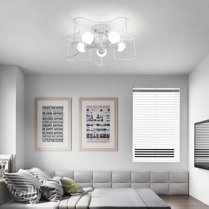 Stervormige metalen semi-inbouw industriële woonkamerlamp met 5 lampen zwart/wit met kooi Clearhalo