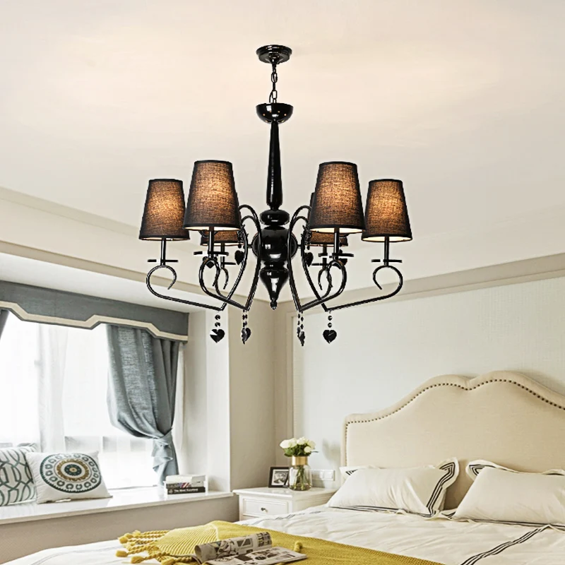 Stof taps toelopend hangend plafondlicht Rustiek 6/9 licht Woonkamer kroonluchter licht zwart Clearhalo