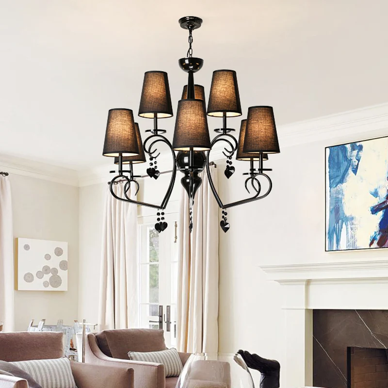 Stof taps toelopend hangend plafondlicht Rustiek 6/9 licht Woonkamer kroonluchter licht zwart Clearhalo