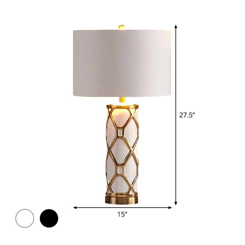 13 "/15" W Stoffen Cilinder Nachttafellamp Postmodern 1 Licht Wit/Zwart Metalen Nachtkastje licht voor Slaapkamer Clearhalo