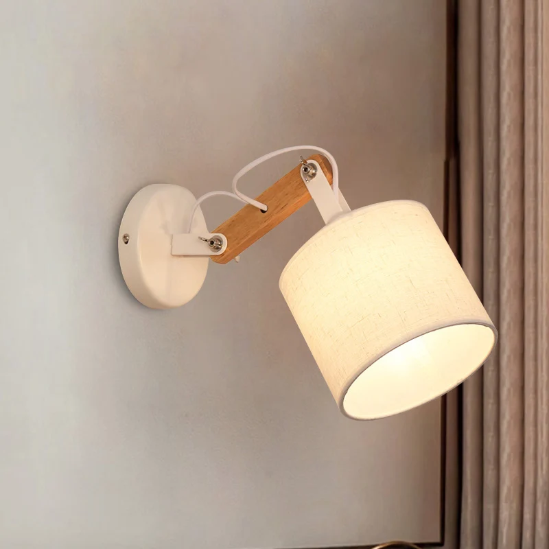 Stoffen cilinder wandmontage verlichting modernistische witte wandlamp met 1 lamp en verstelbare houten arm Clearhalo
