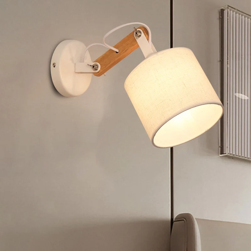 Stoffen cilinder wandmontage verlichting modernistische witte wandlamp met 1 lamp en verstelbare houten arm Clearhalo