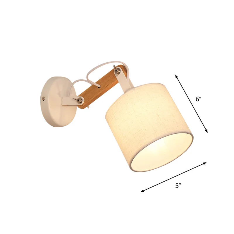 Stoffen cilinder wandmontage verlichting modernistische witte wandlamp met 1 lamp en verstelbare houten arm Clearhalo