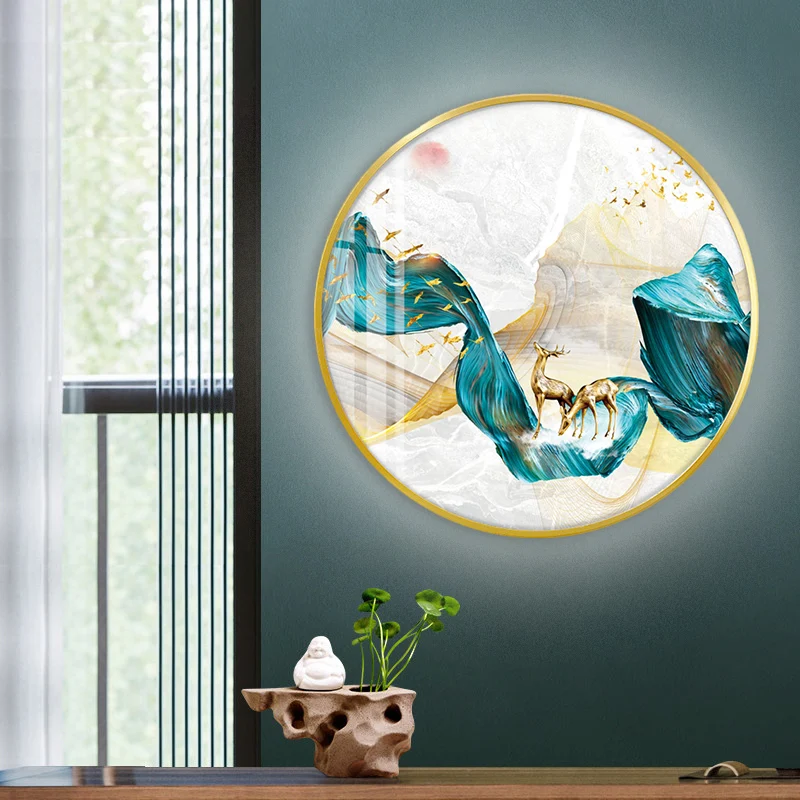 Stoffen cirkel wandgemonteerde licht Aziatische LED groene muurmuurlamp met elanden- en vogel-/boompatroon Clearhalo
