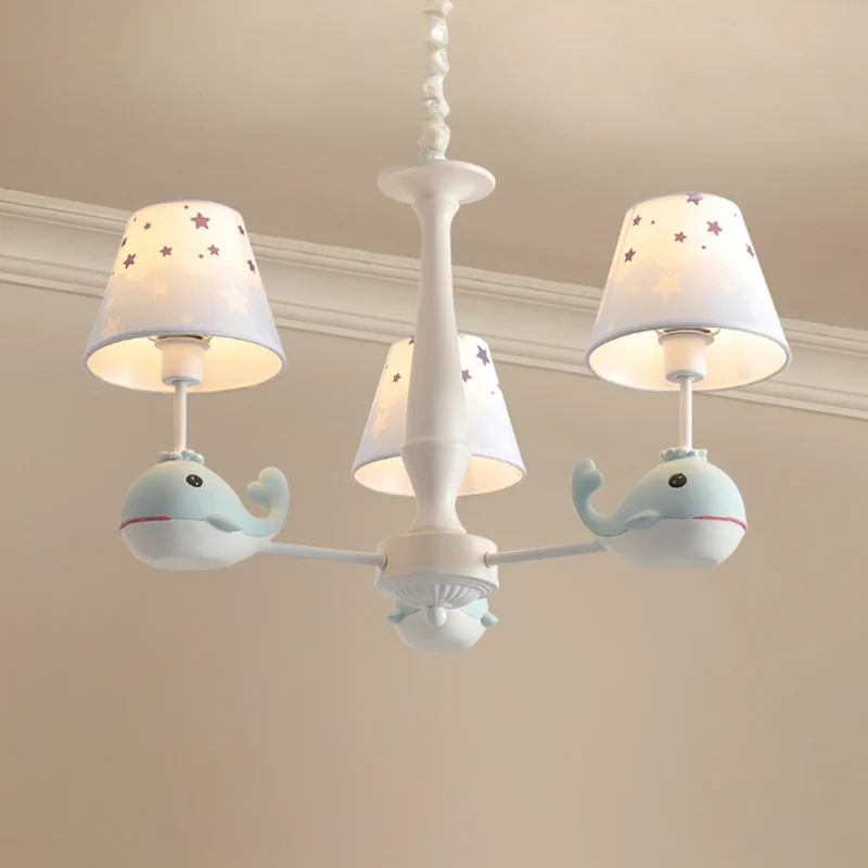 Stoffen conische kroonluchter met sterrenprint, hanglamp met witte afwerking voor kinderen en walvisdecor Clearhalo