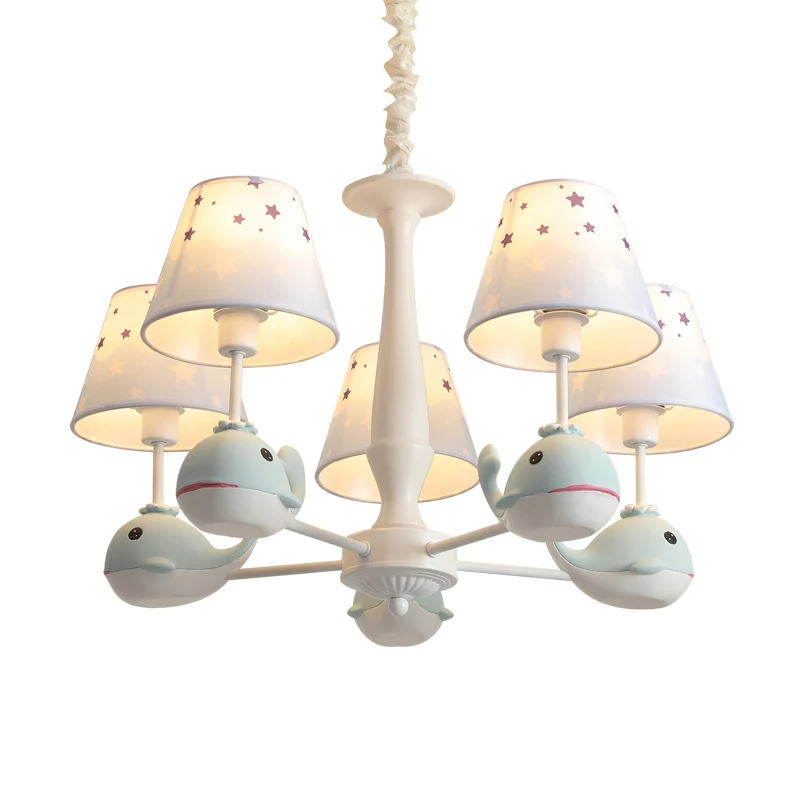 Stoffen conische kroonluchter met sterrenprint, hanglamp met witte afwerking voor kinderen en walvisdecor Clearhalo